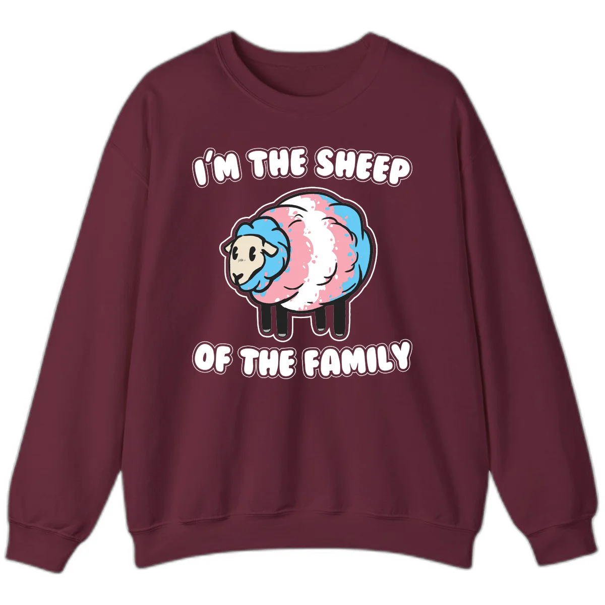 Cartoon sheep with blue and pink wool and text reading 'I'm The Sheep Of The Family' in Maroon