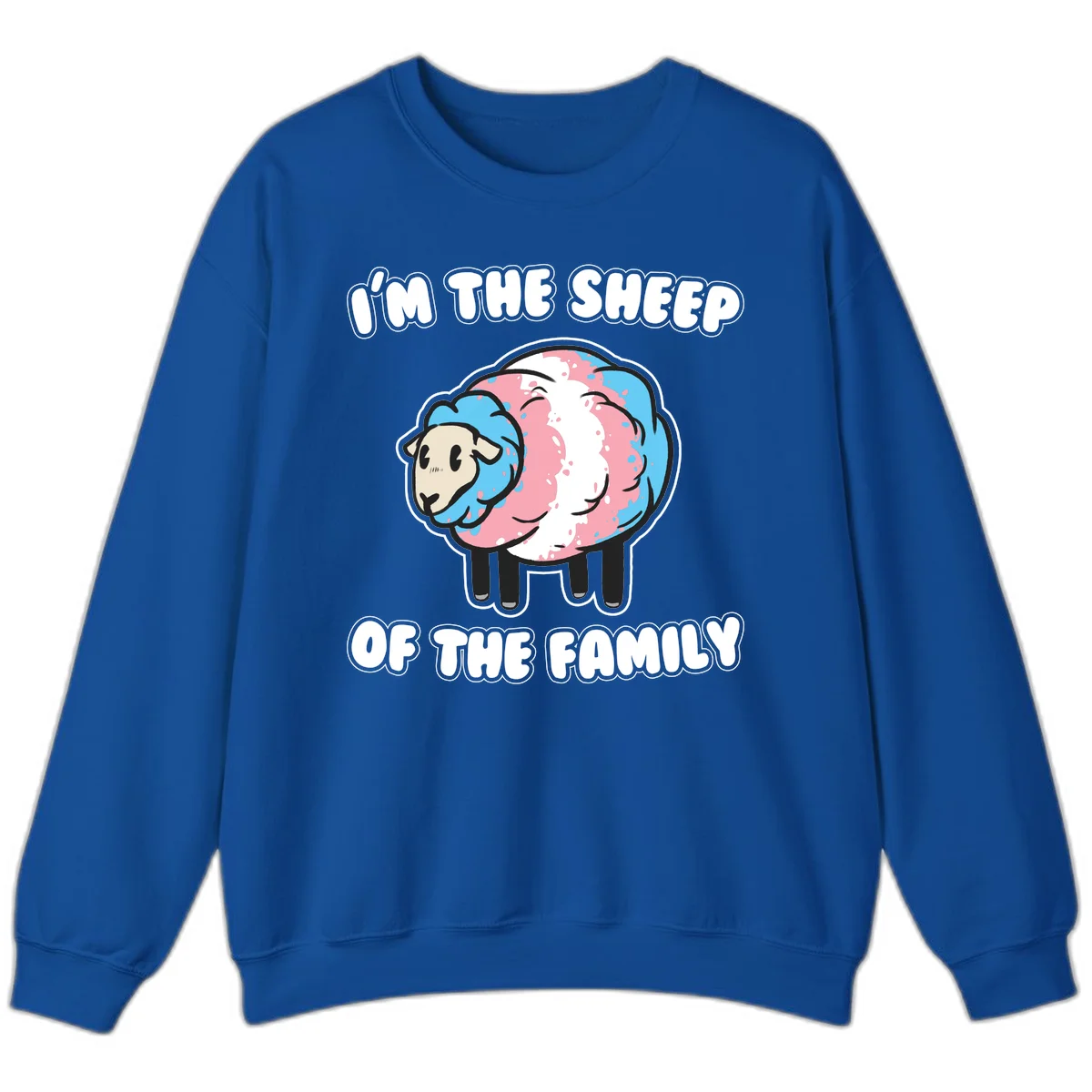 Cartoon sheep with blue and pink wool and text reading 'I'm The Sheep Of The Family' in Royal