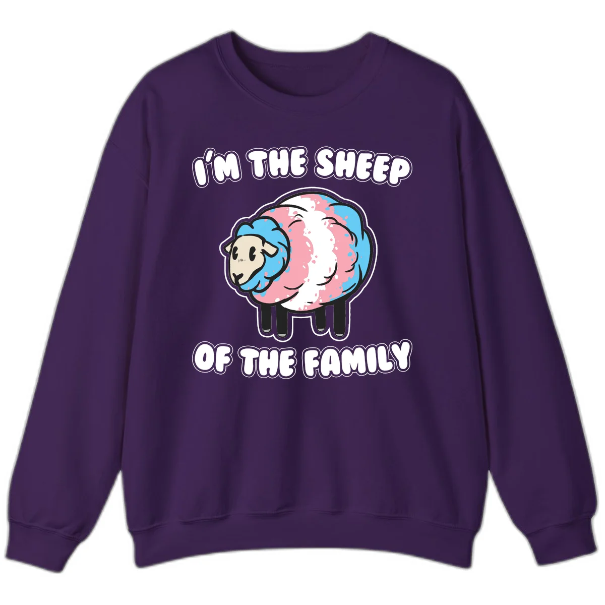 Cartoon sheep with blue and pink wool and text reading 'I'm The Sheep Of The Family' in Purple