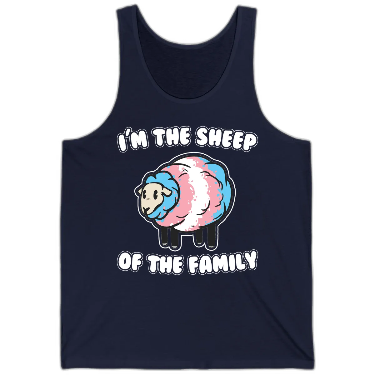 Cartoon sheep with blue and pink wool and text reading 'I'm The Sheep Of The Family' in Navy