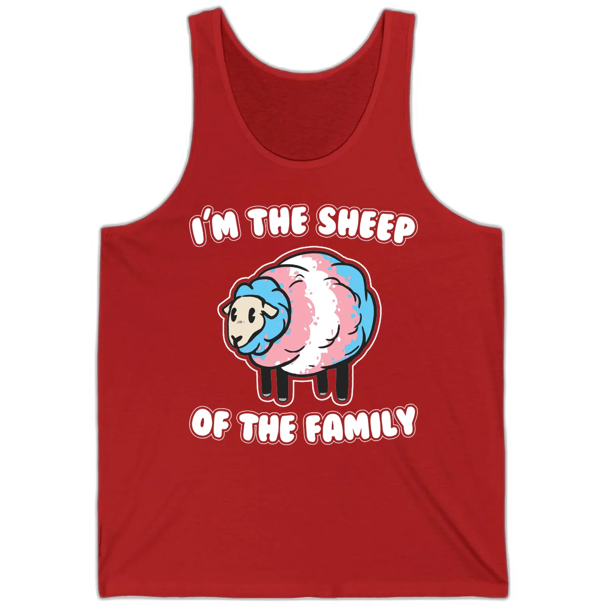 Cartoon sheep with blue and pink wool and text reading 'I'm The Sheep Of The Family' in Red