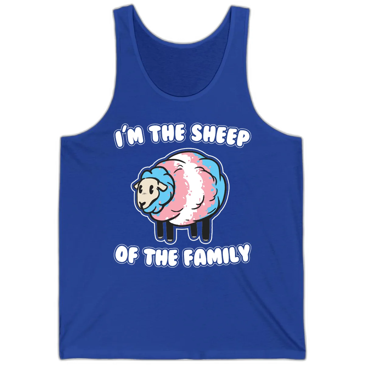 Cartoon sheep with blue and pink wool and text reading 'I'm The Sheep Of The Family' in True Royal