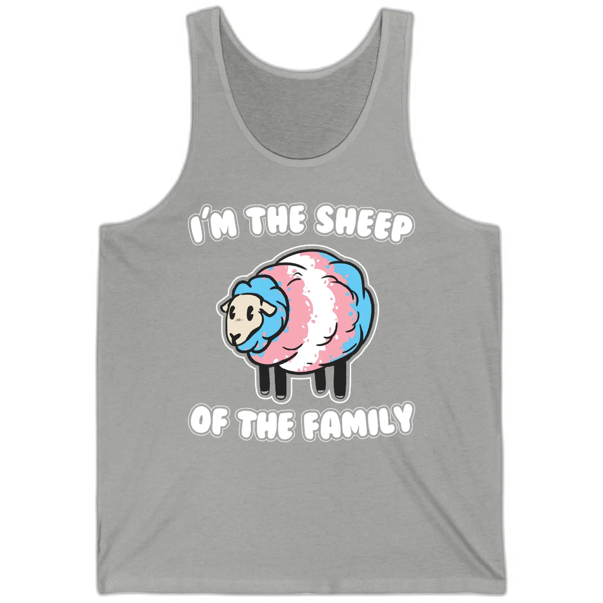Cartoon sheep with blue and pink wool and text reading 'I'm The Sheep Of The Family' in Athletic Heather