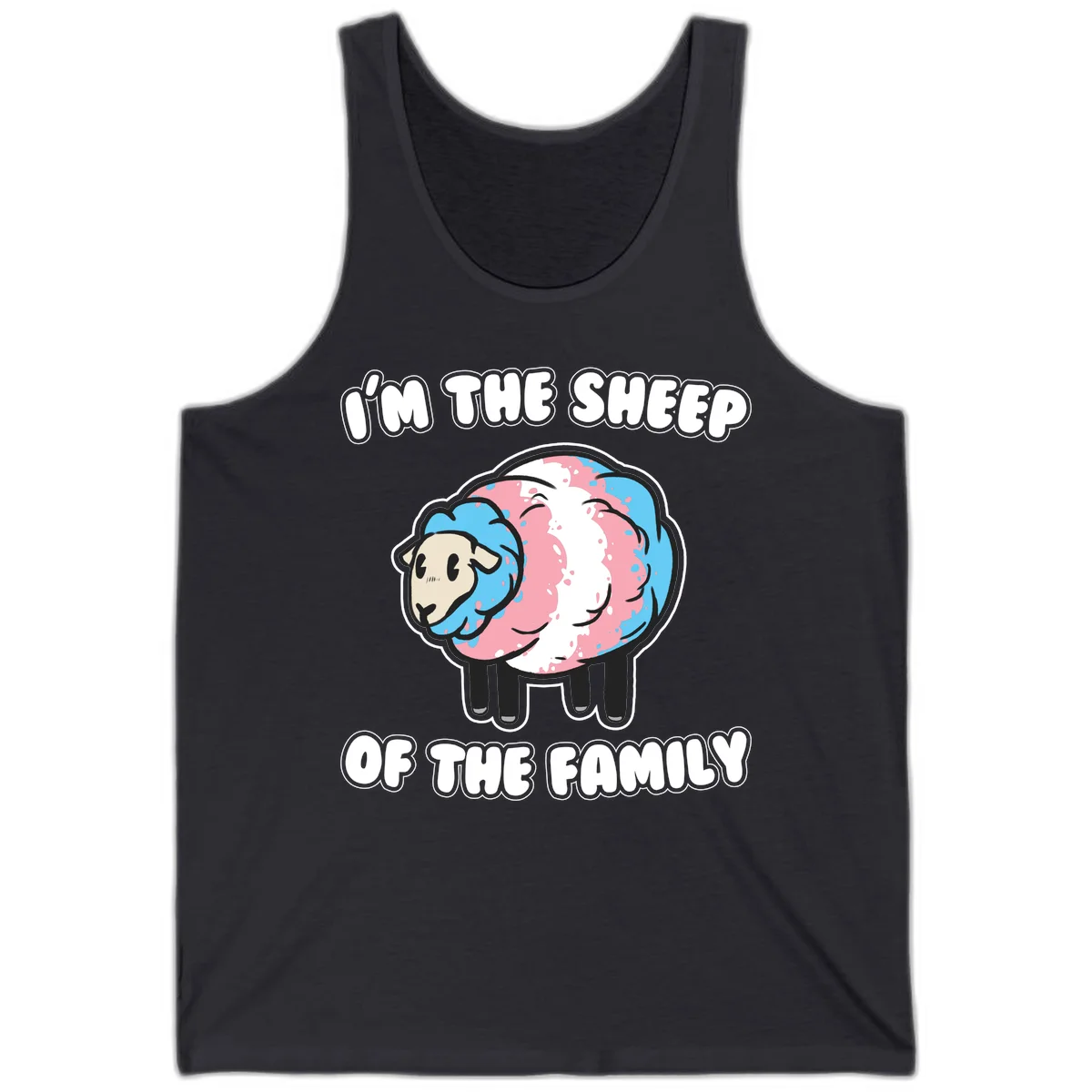 Cartoon sheep with blue and pink wool and text reading 'I'm The Sheep Of The Family' in Dark Grey