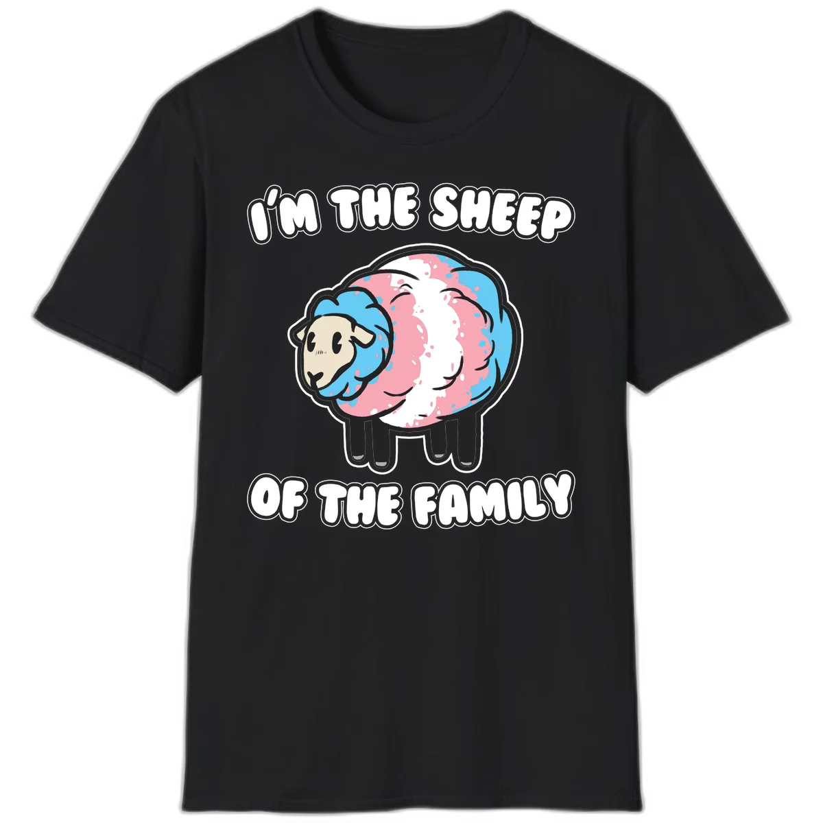 Cartoon sheep with blue and pink wool and text reading 'I'm The Sheep Of The Family' in Black