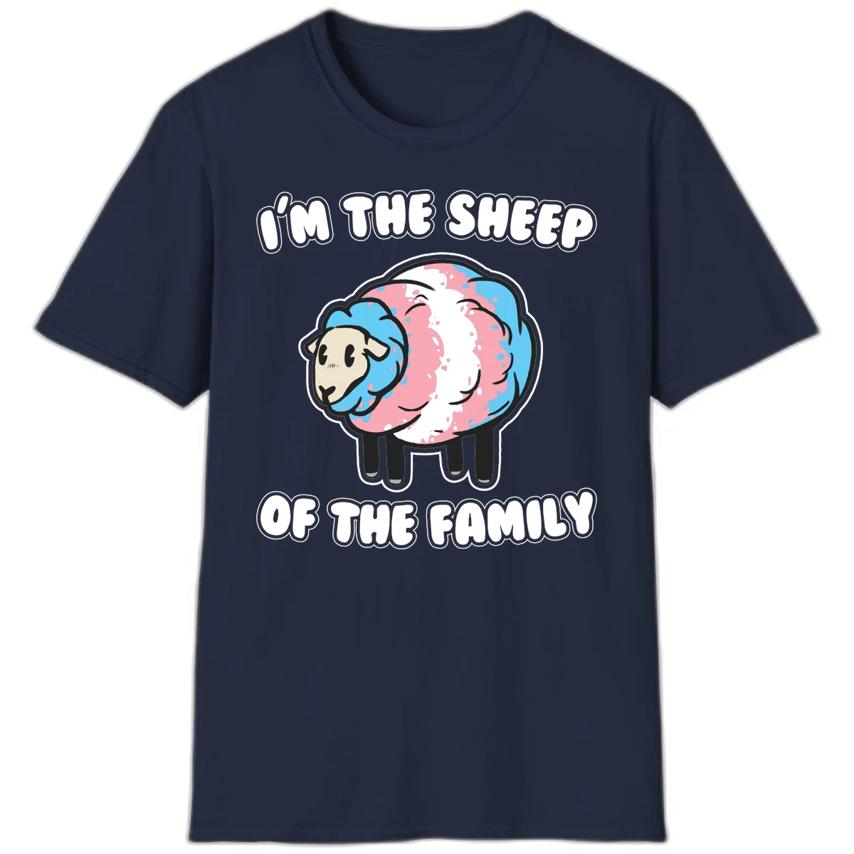 Cartoon sheep with blue and pink wool and text reading 'I'm The Sheep Of The Family' in Navy