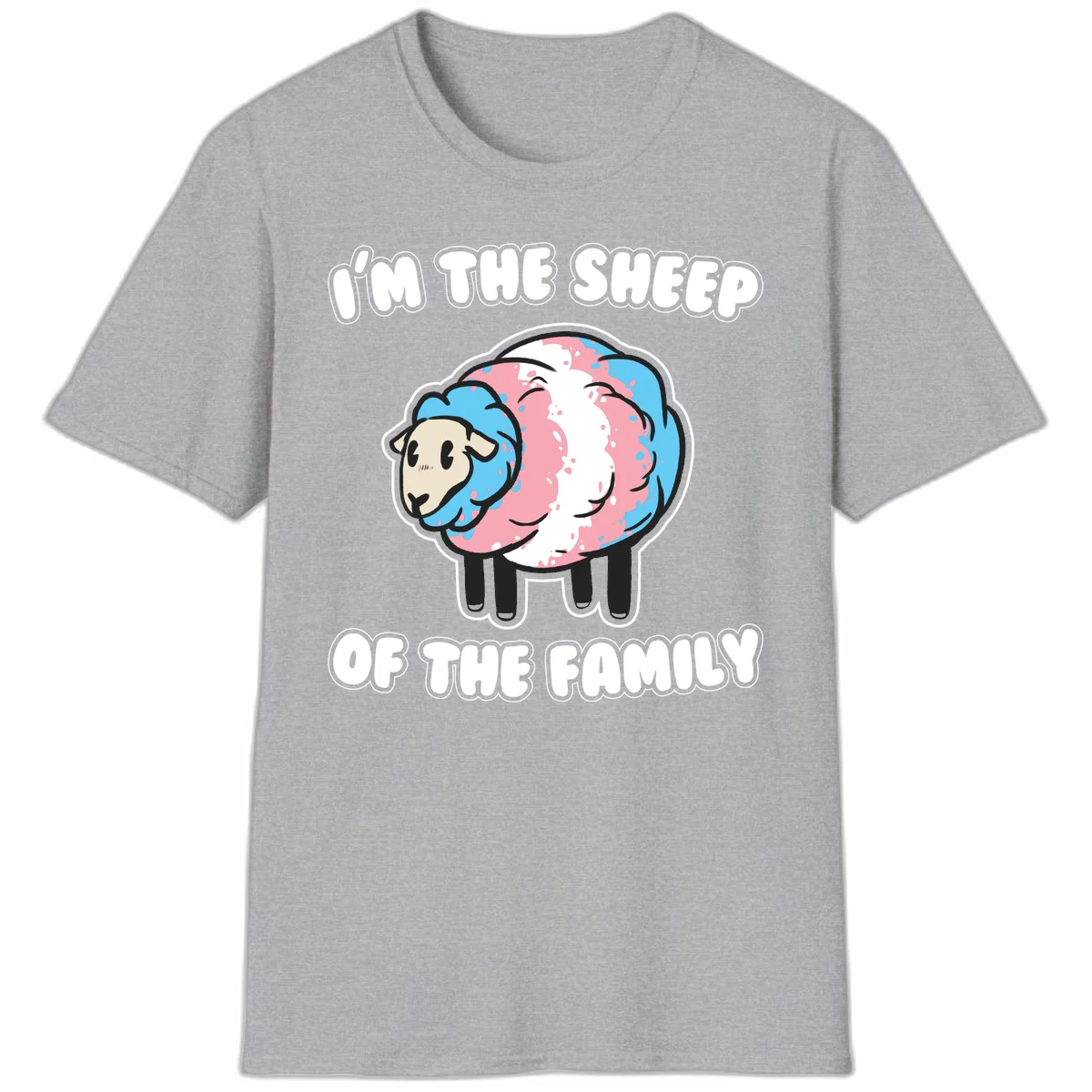 Cartoon sheep with blue and pink wool and text reading 'I'm The Sheep Of The Family' in Sport Grey