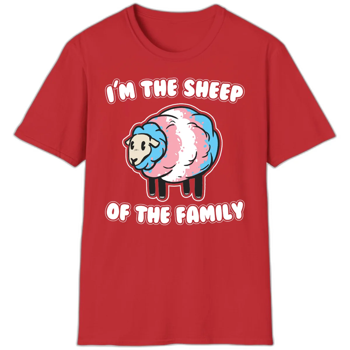 Cartoon sheep with blue and pink wool and text reading 'I'm The Sheep Of The Family' in Red