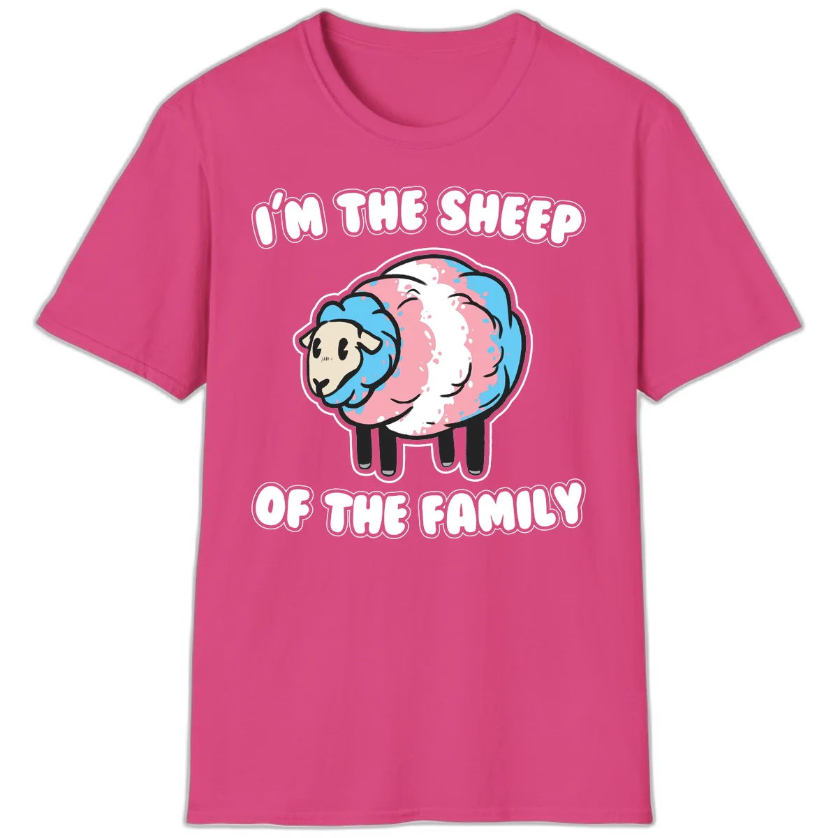 Cartoon sheep with blue and pink wool and text reading 'I'm The Sheep Of The Family' in Heliconia