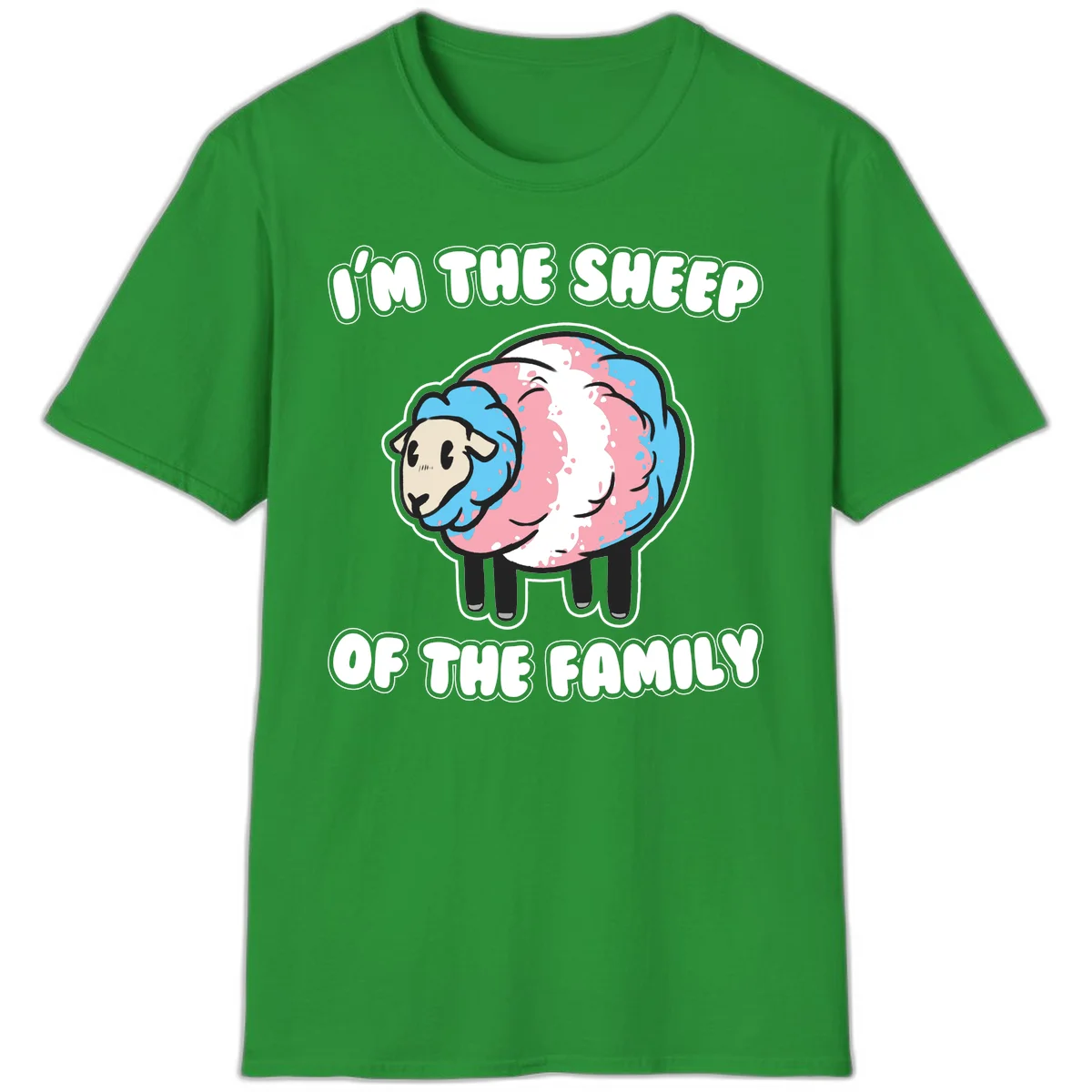 Cartoon sheep with blue and pink wool and text reading 'I'm The Sheep Of The Family' in Irish Green
