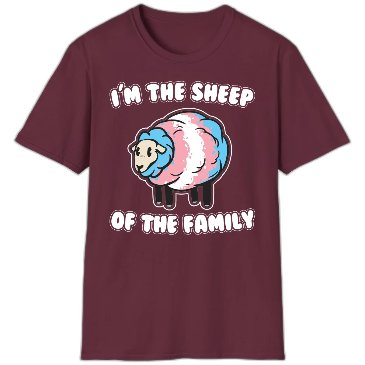 Cartoon sheep with blue and pink wool and text reading 'I'm The Sheep Of The Family' in Maroon
