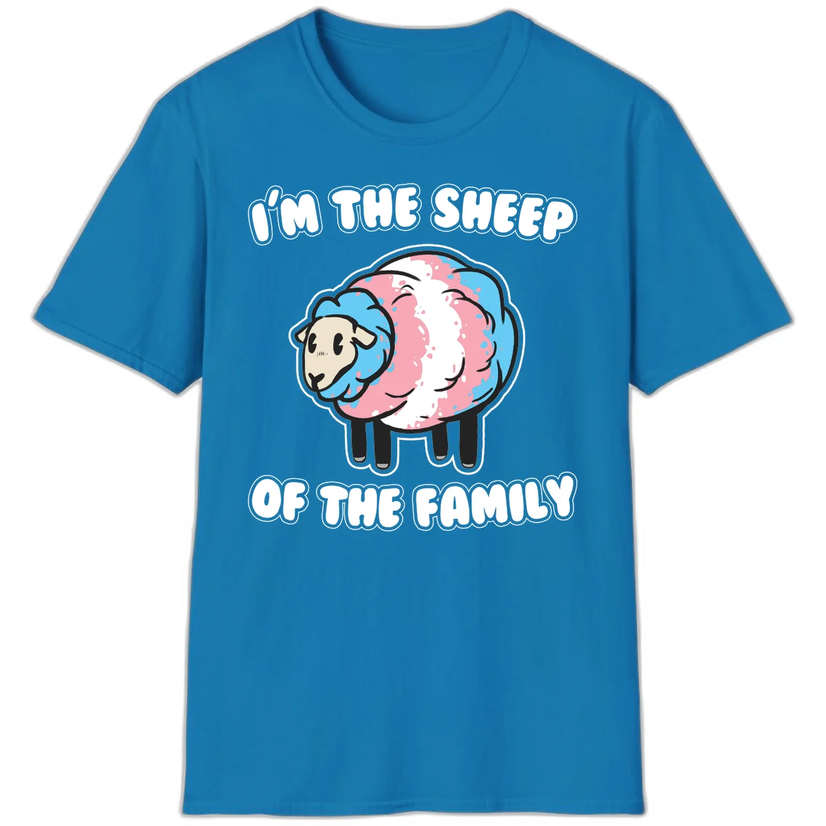 Cartoon sheep with blue and pink wool and text reading 'I'm The Sheep Of The Family' in Sapphire
