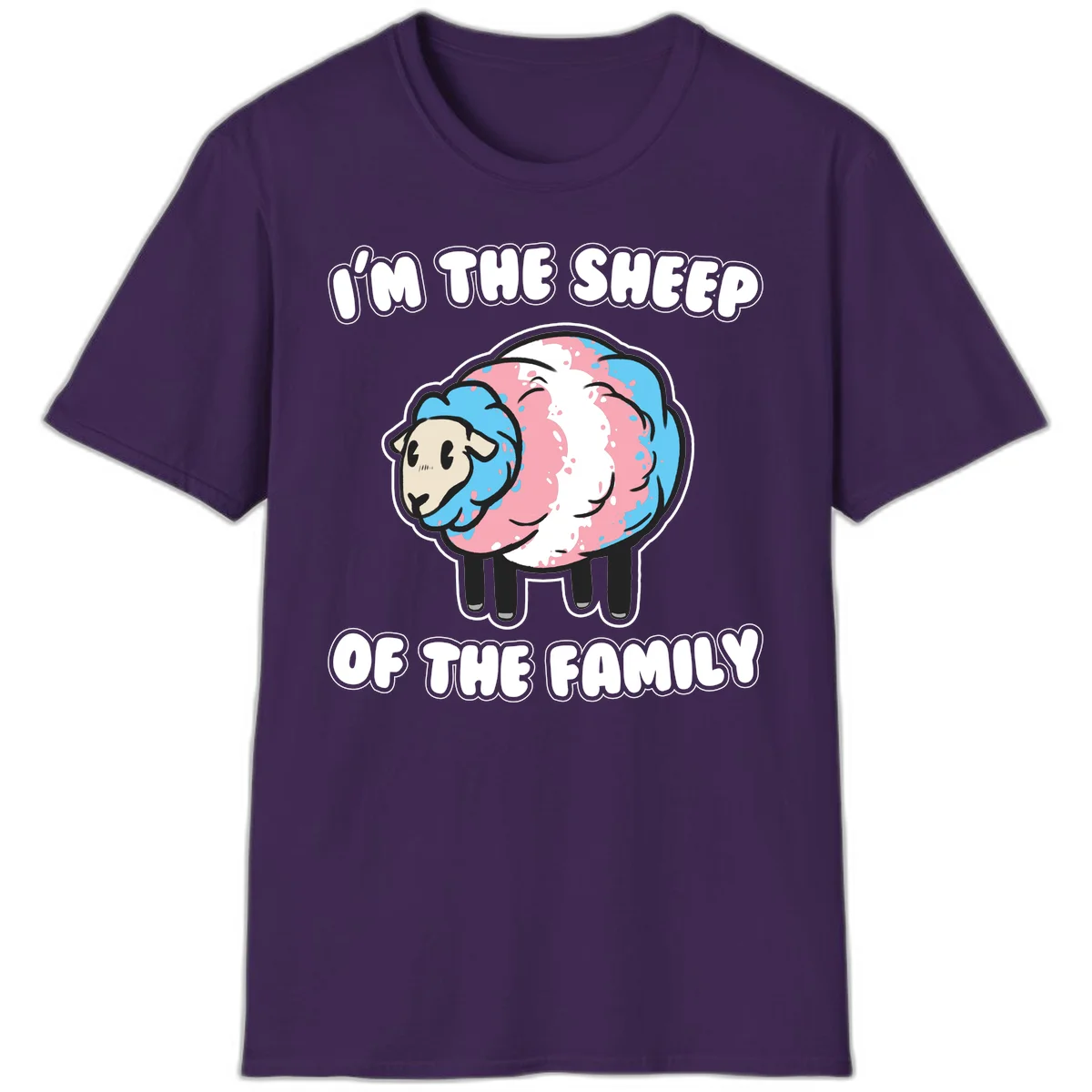 Cartoon sheep with blue and pink wool and text reading 'I'm The Sheep Of The Family' in Purple
