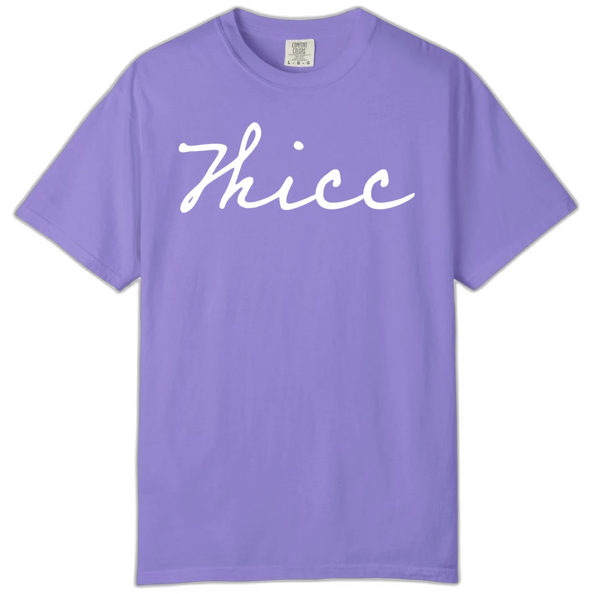 White cursive script spelling 'thee' with decorative dot on gray background in Violet