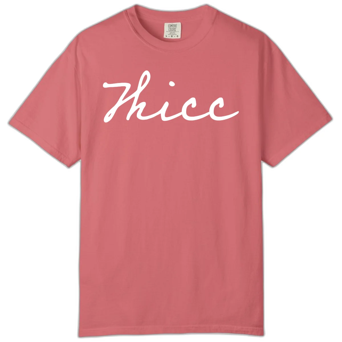 White cursive script spelling 'thee' with decorative dot on gray background in Watermelon