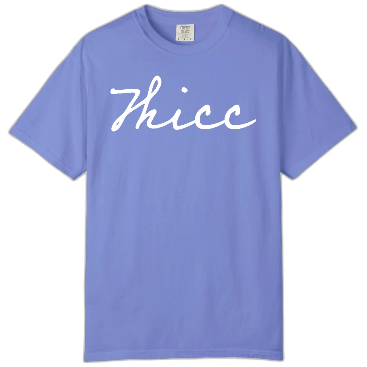 White cursive script spelling 'thee' with decorative dot on gray background in Flo Blue
