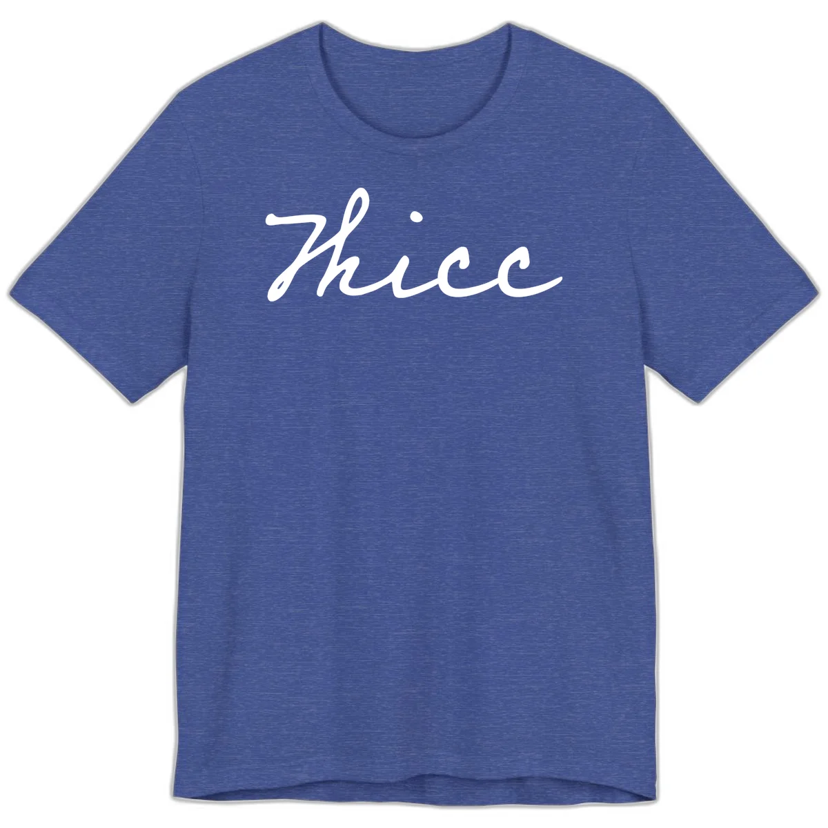 White cursive script spelling 'thee' with decorative dot on gray background in Heather True Royal