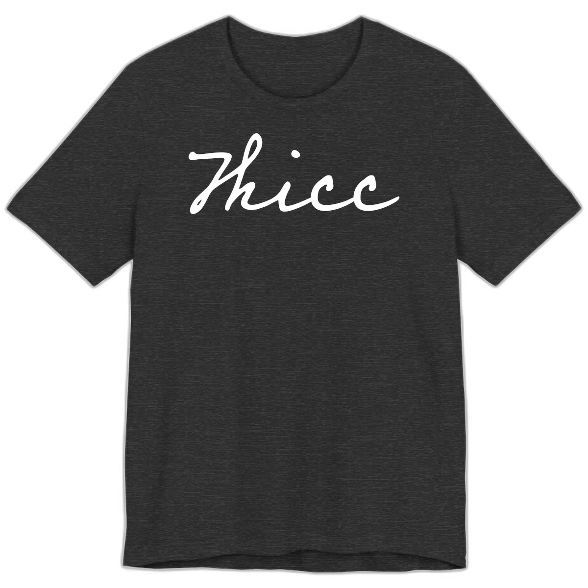 White cursive script spelling 'thee' with decorative dot on gray background in Dark Grey Heather