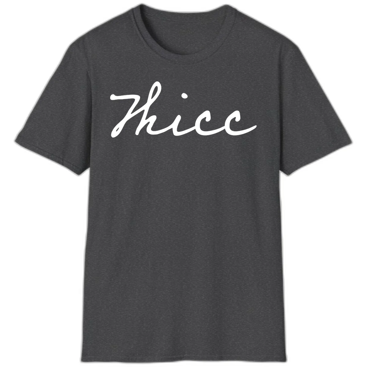 White cursive script spelling 'thee' with decorative dot on gray background in Dark Heather