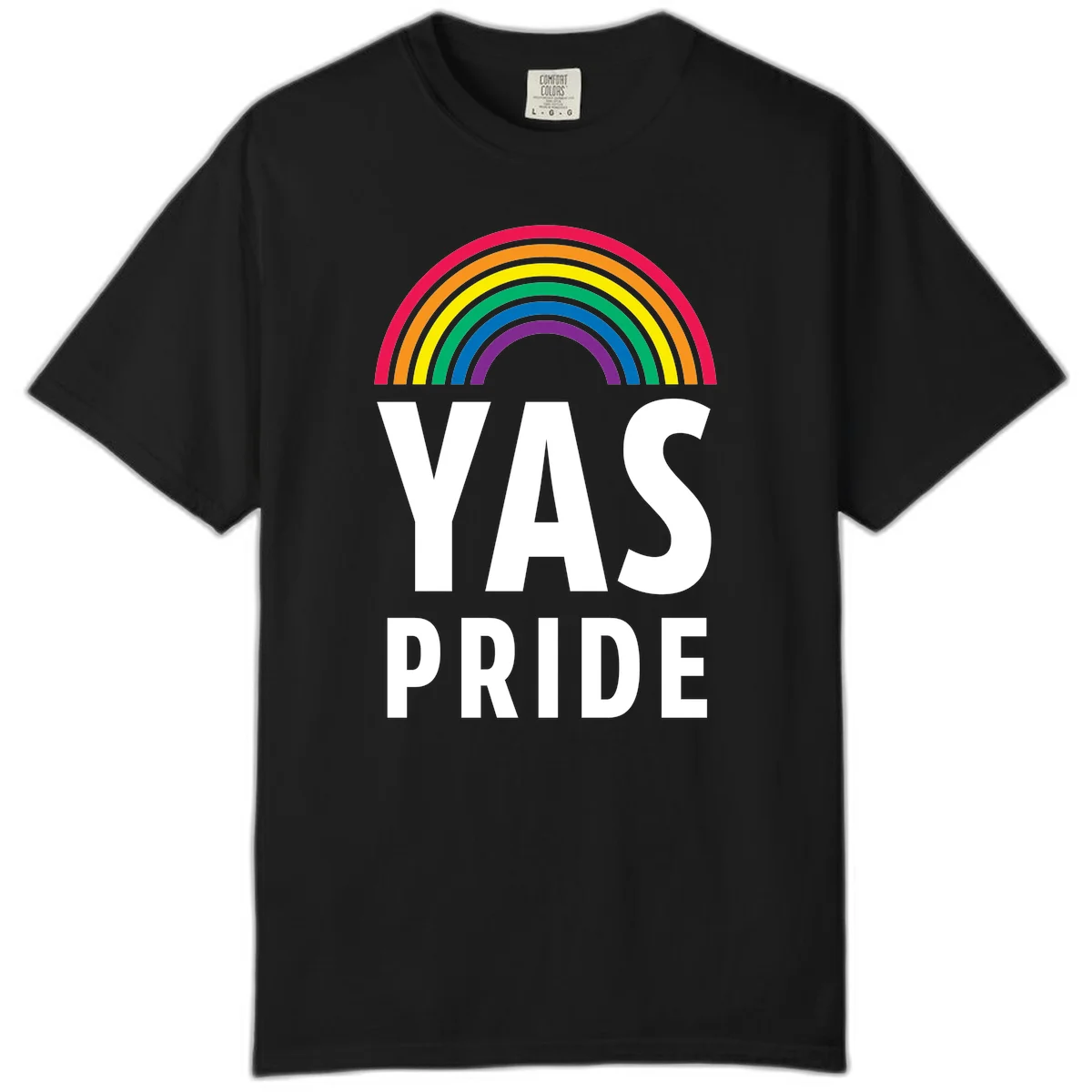 Yas pride rainbow design featuring colorful concentric rainbow arc above bold white text reading 'YAS PRIDE' on gray background in Black