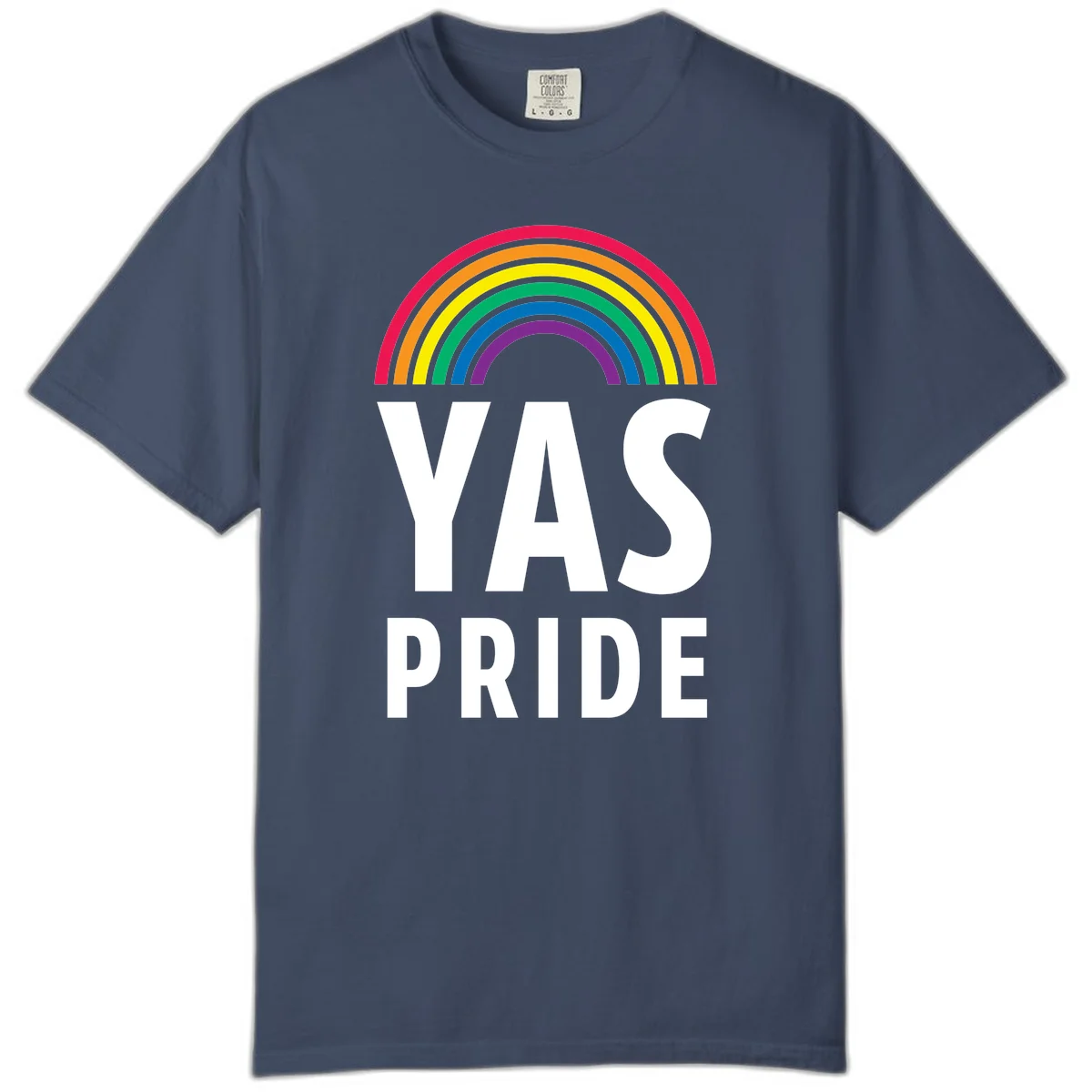 Yas pride rainbow design featuring colorful concentric rainbow arc above bold white text reading 'YAS PRIDE' on gray background in Midnight