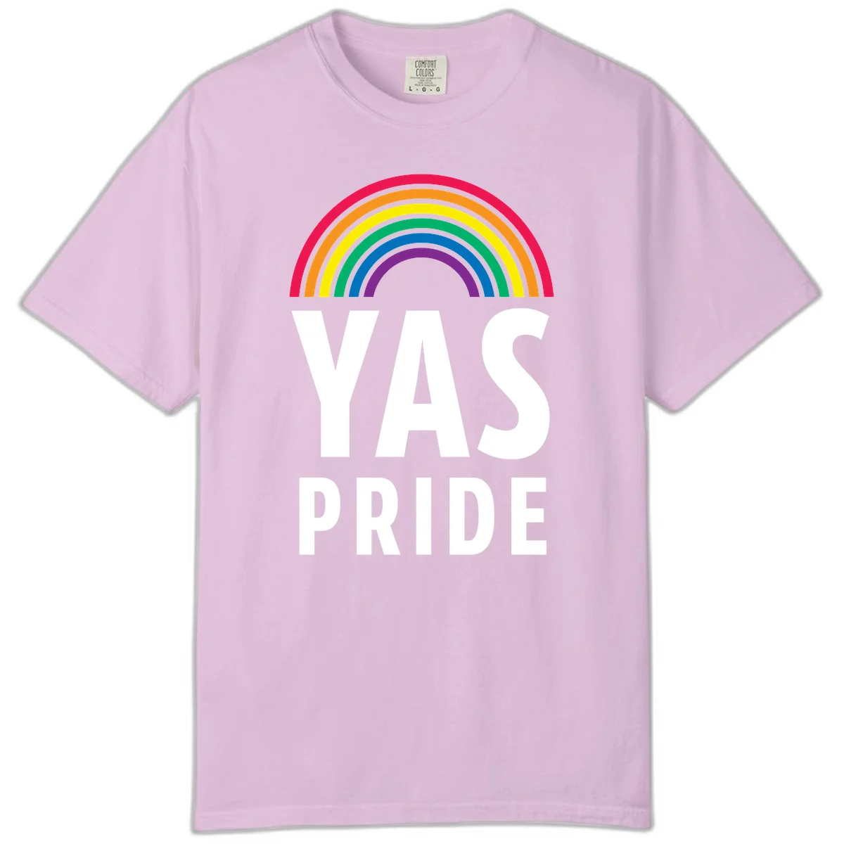 Yas pride rainbow design featuring colorful concentric rainbow arc above bold white text reading 'YAS PRIDE' on gray background in Orchid