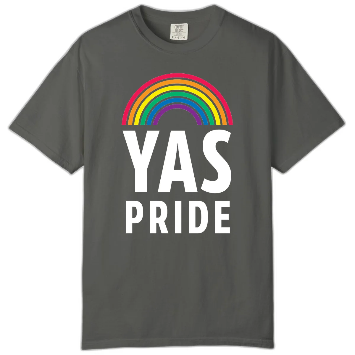 Yas pride rainbow design featuring colorful concentric rainbow arc above bold white text reading 'YAS PRIDE' on gray background in Pepper