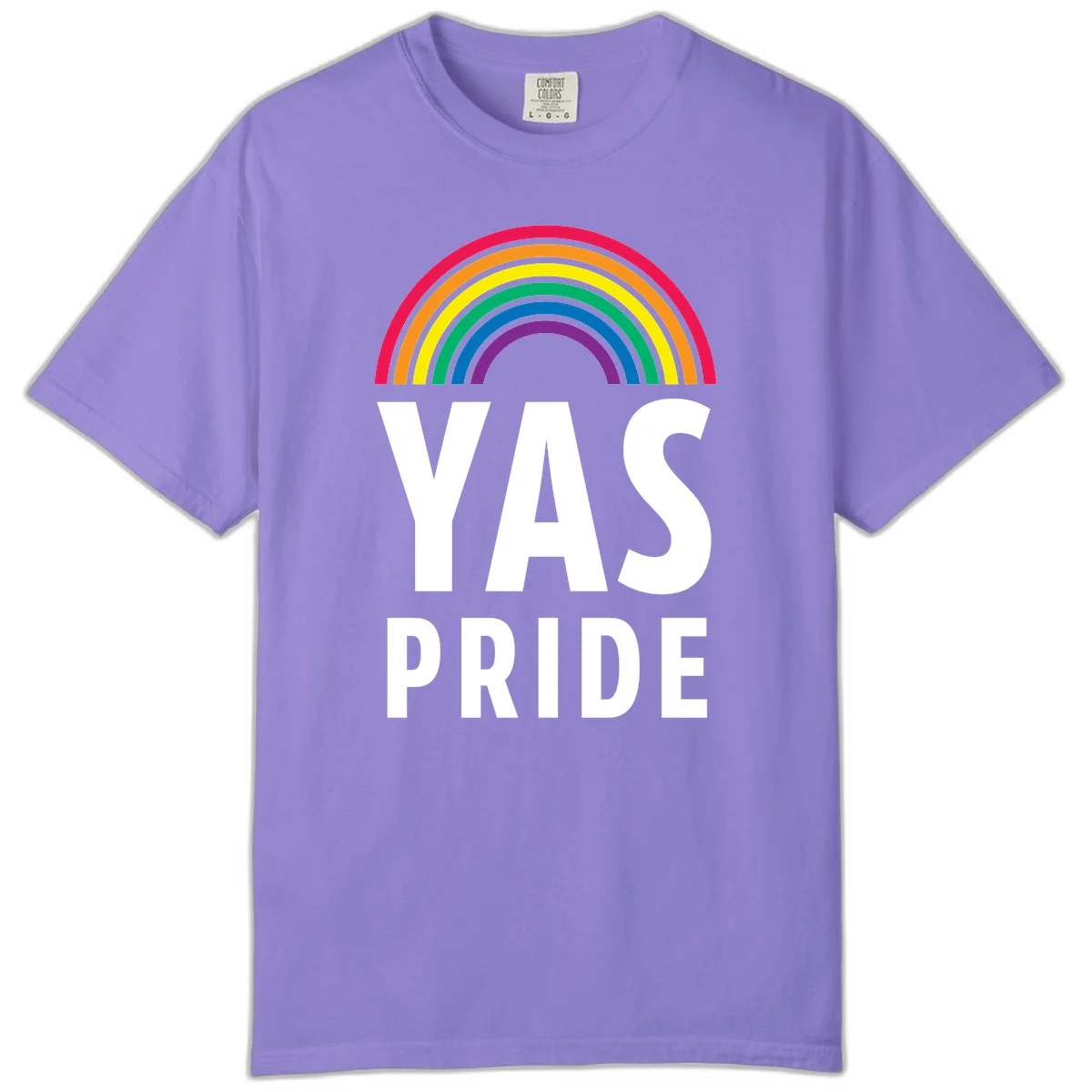 Yas pride rainbow design featuring colorful concentric rainbow arc above bold white text reading 'YAS PRIDE' on gray background in Violet