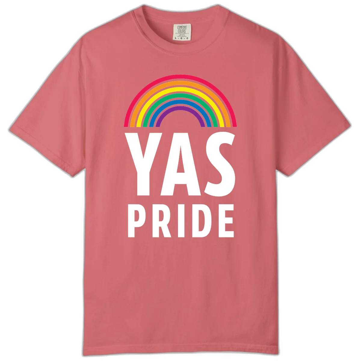Yas pride rainbow design featuring colorful concentric rainbow arc above bold white text reading 'YAS PRIDE' on gray background in Watermelon