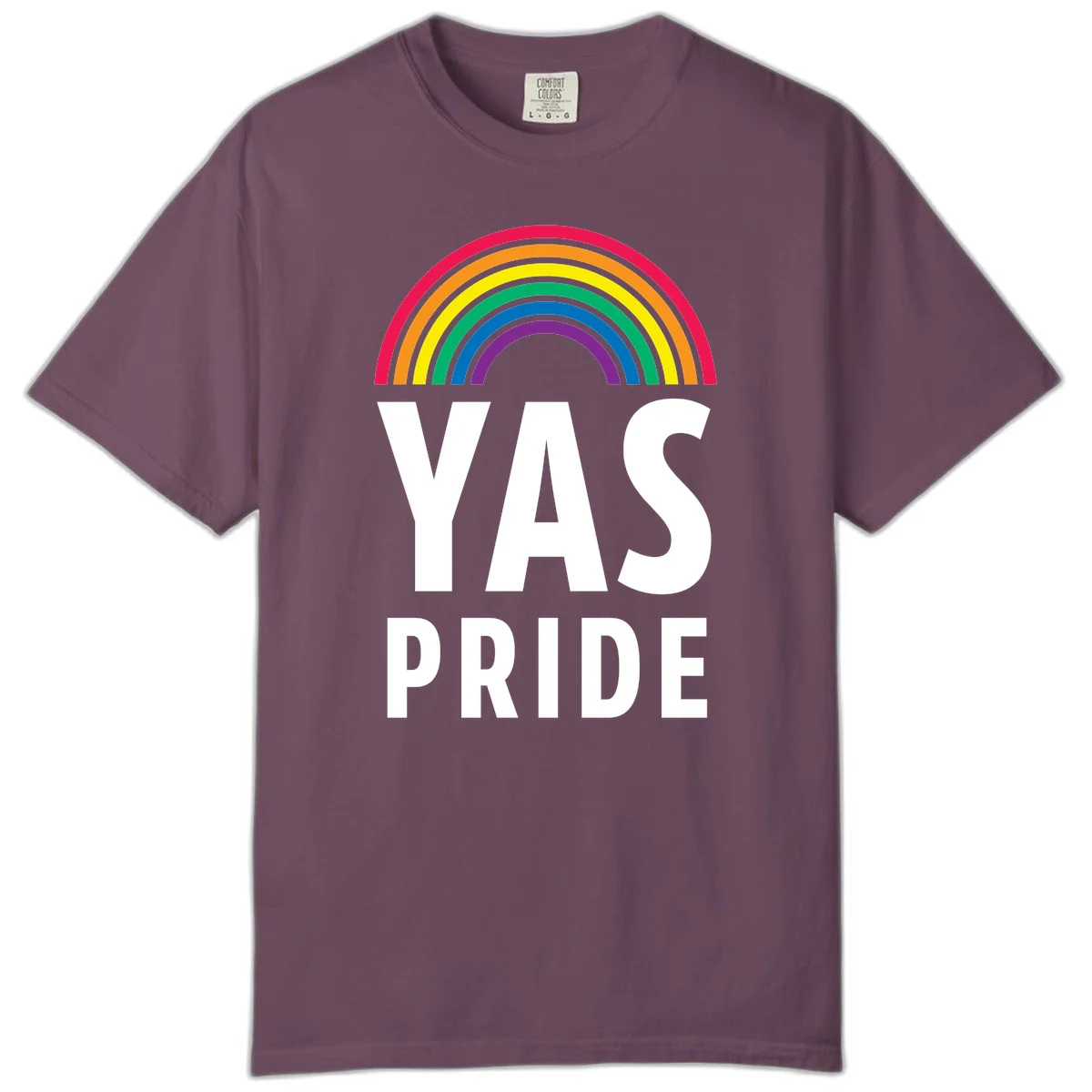 Yas pride rainbow design featuring colorful concentric rainbow arc above bold white text reading 'YAS PRIDE' on gray background in Berry