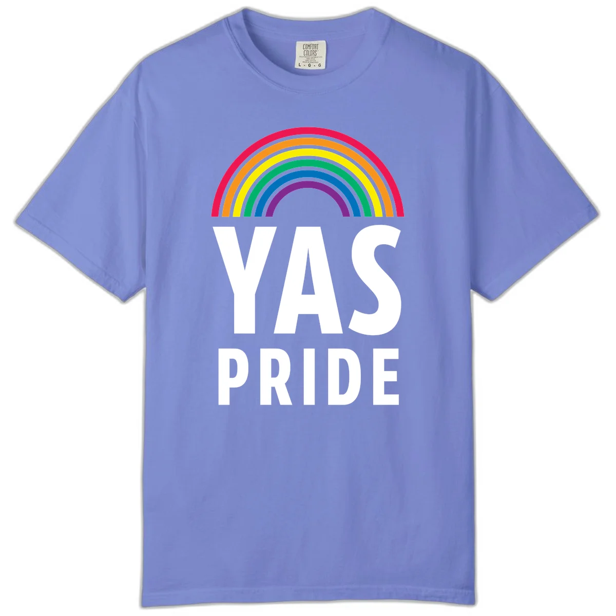 Yas pride rainbow design featuring colorful concentric rainbow arc above bold white text reading 'YAS PRIDE' on gray background in Flo Blue