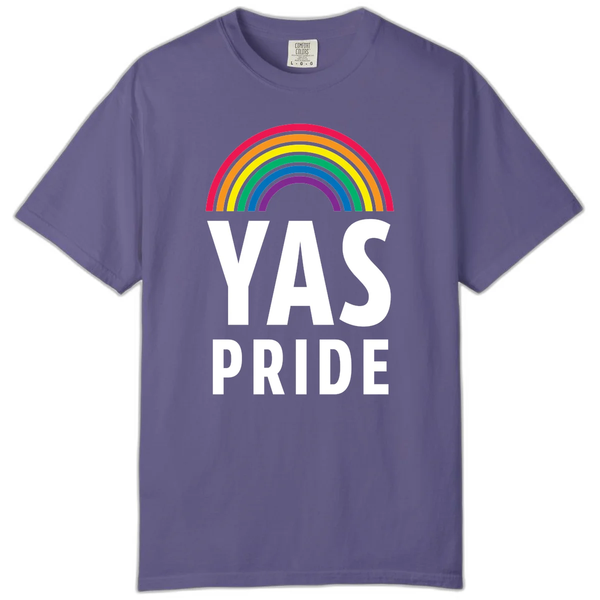 Yas pride rainbow design featuring colorful concentric rainbow arc above bold white text reading 'YAS PRIDE' on gray background in Grape