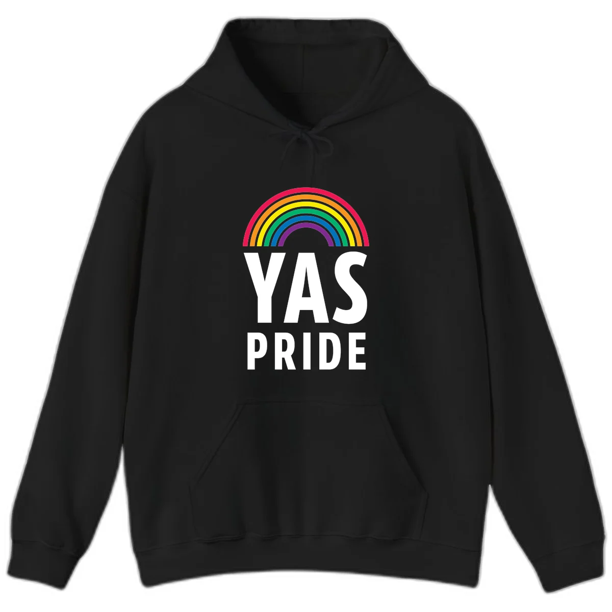 Yas pride rainbow design featuring colorful concentric rainbow arc above bold white text reading 'YAS PRIDE' on gray background in Black