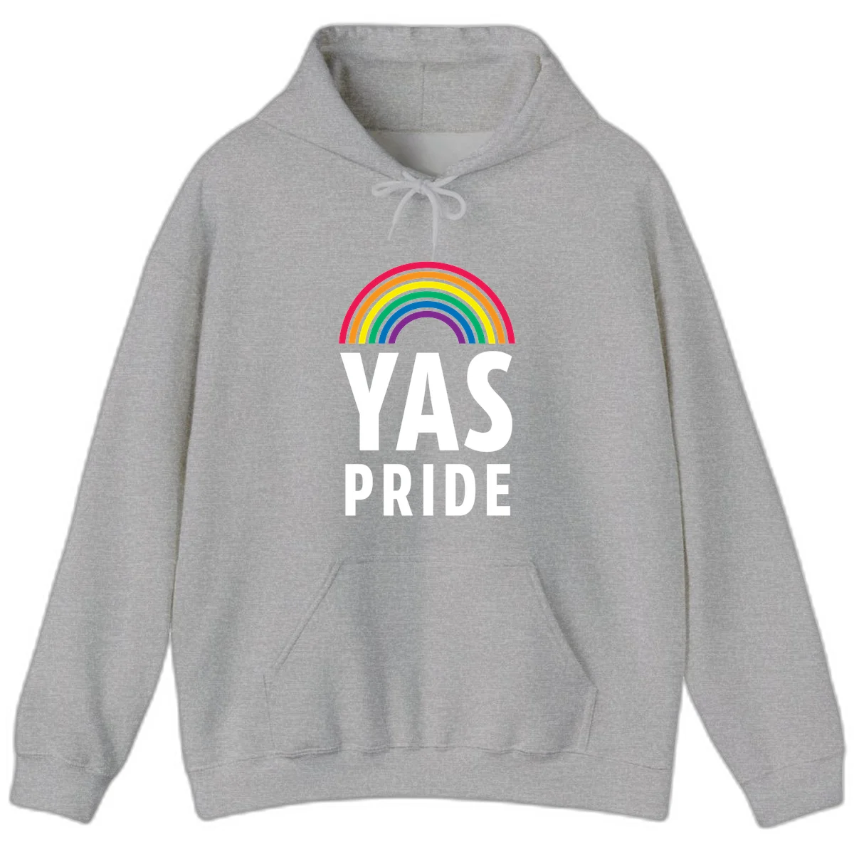Yas pride rainbow design featuring colorful concentric rainbow arc above bold white text reading 'YAS PRIDE' on gray background in Sport Grey