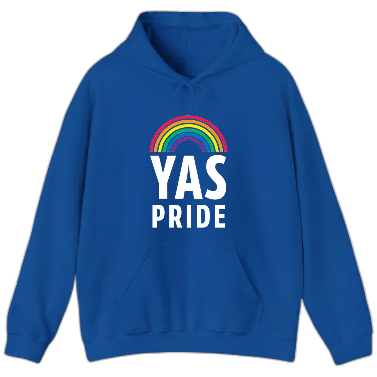 Yas pride rainbow design featuring colorful concentric rainbow arc above bold white text reading 'YAS PRIDE' on gray background in Royal
