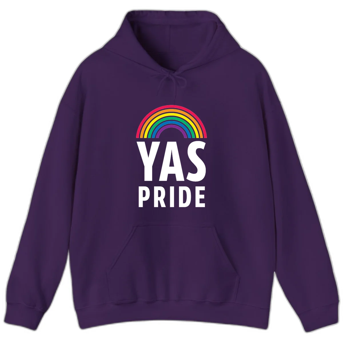 Yas pride rainbow design featuring colorful concentric rainbow arc above bold white text reading 'YAS PRIDE' on gray background in Purple