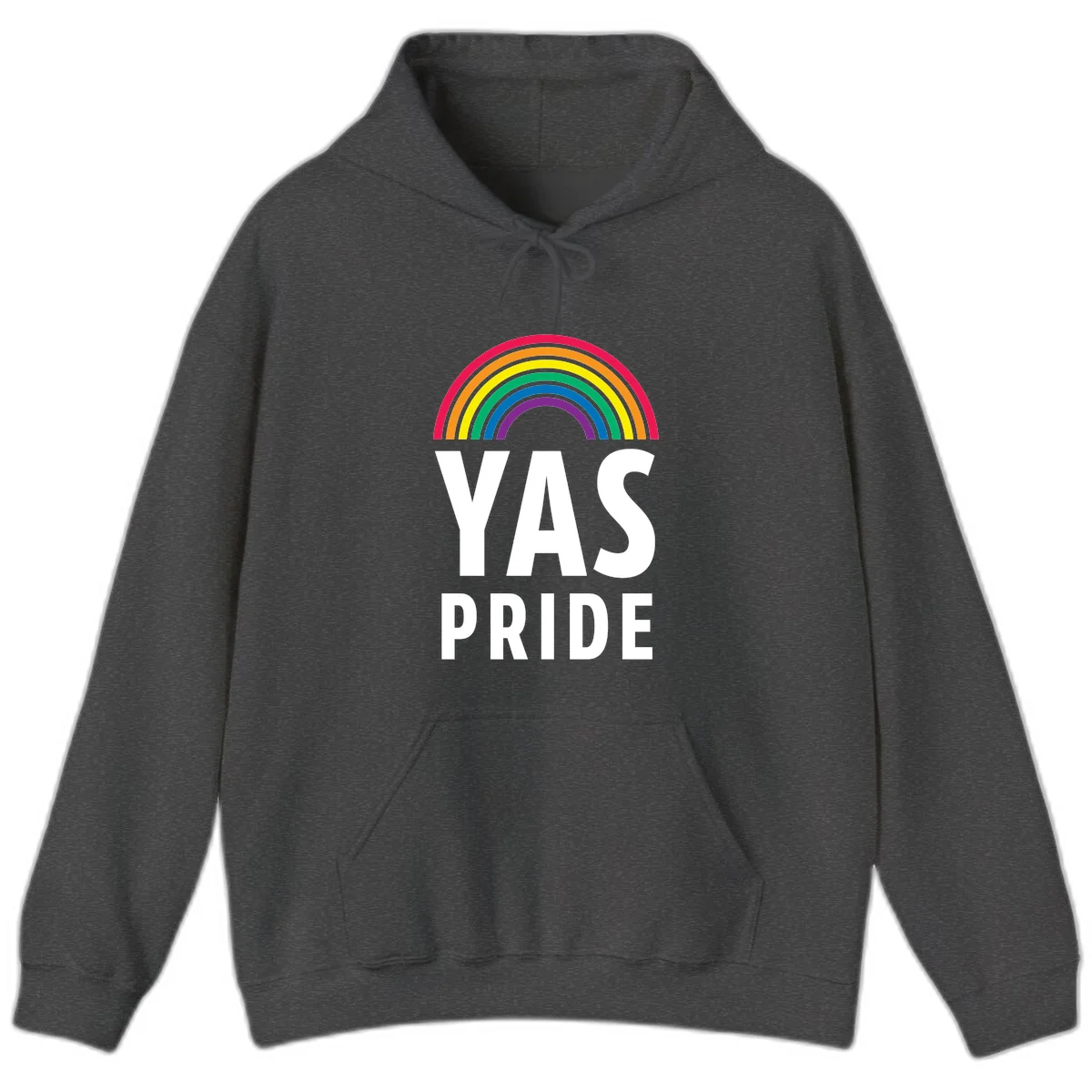 Yas pride rainbow design featuring colorful concentric rainbow arc above bold white text reading 'YAS PRIDE' on gray background in Dark Heather