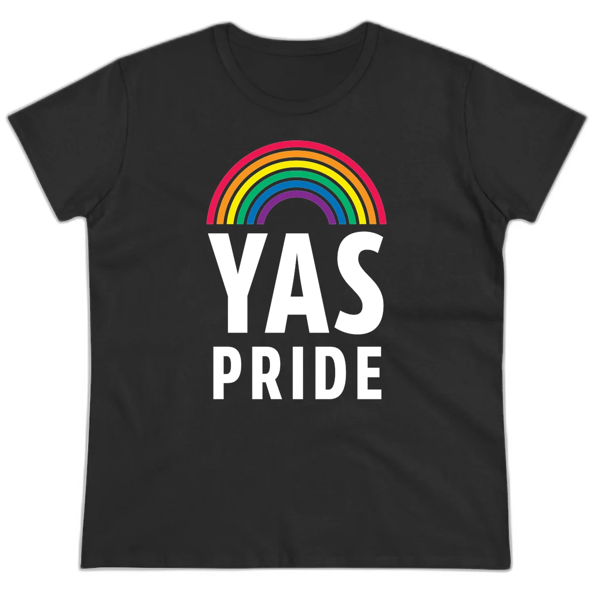 Yas pride rainbow design featuring colorful concentric rainbow arc above bold white text reading 'YAS PRIDE' on gray background in Black