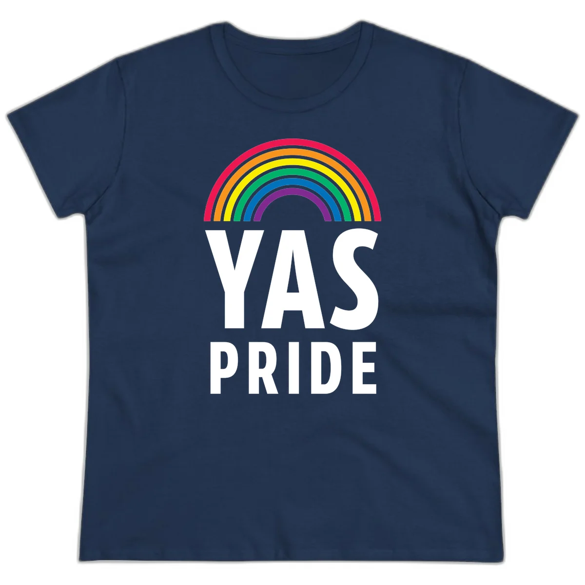 Yas pride rainbow design featuring colorful concentric rainbow arc above bold white text reading 'YAS PRIDE' on gray background in Navy