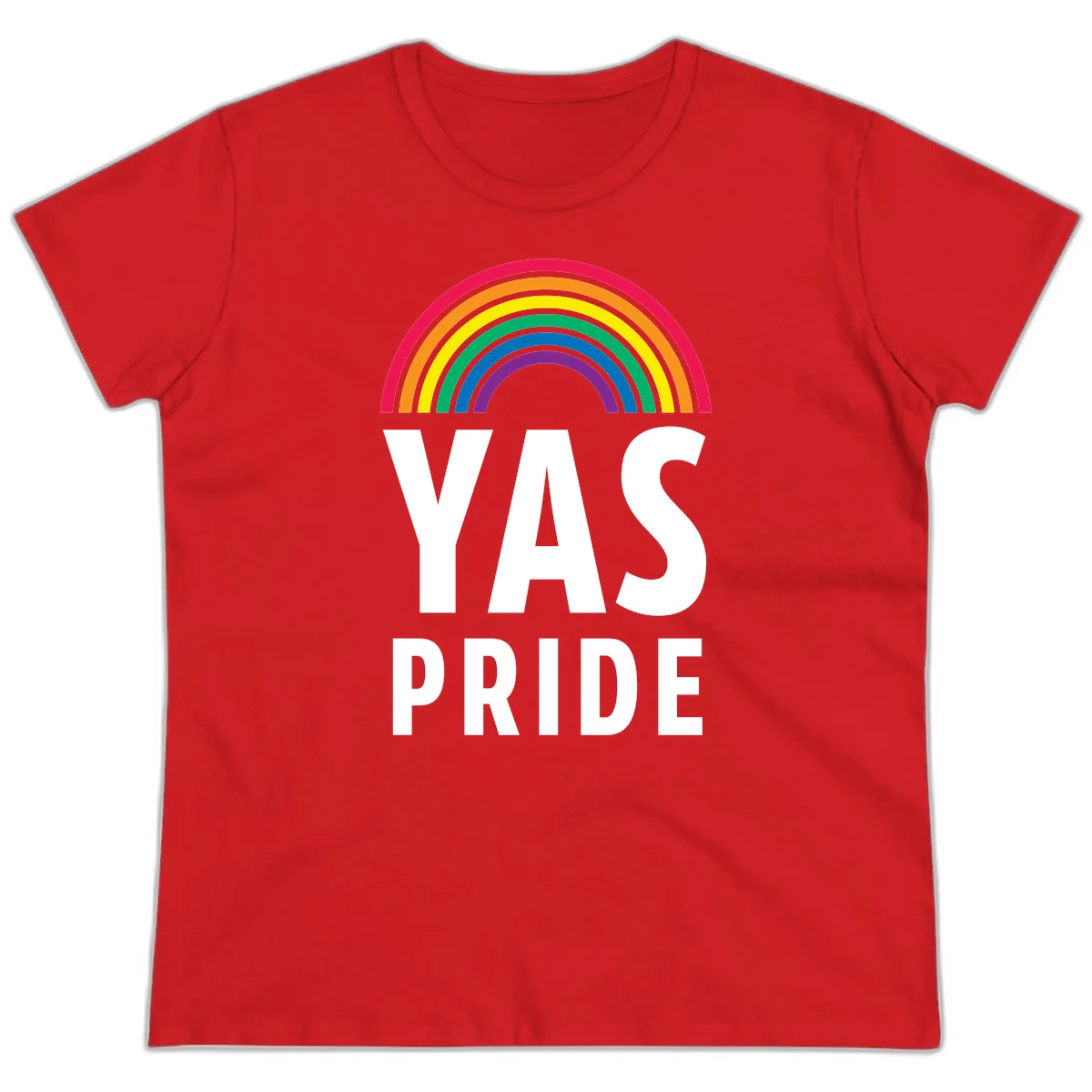 Yas pride rainbow design featuring colorful concentric rainbow arc above bold white text reading 'YAS PRIDE' on gray background in Red