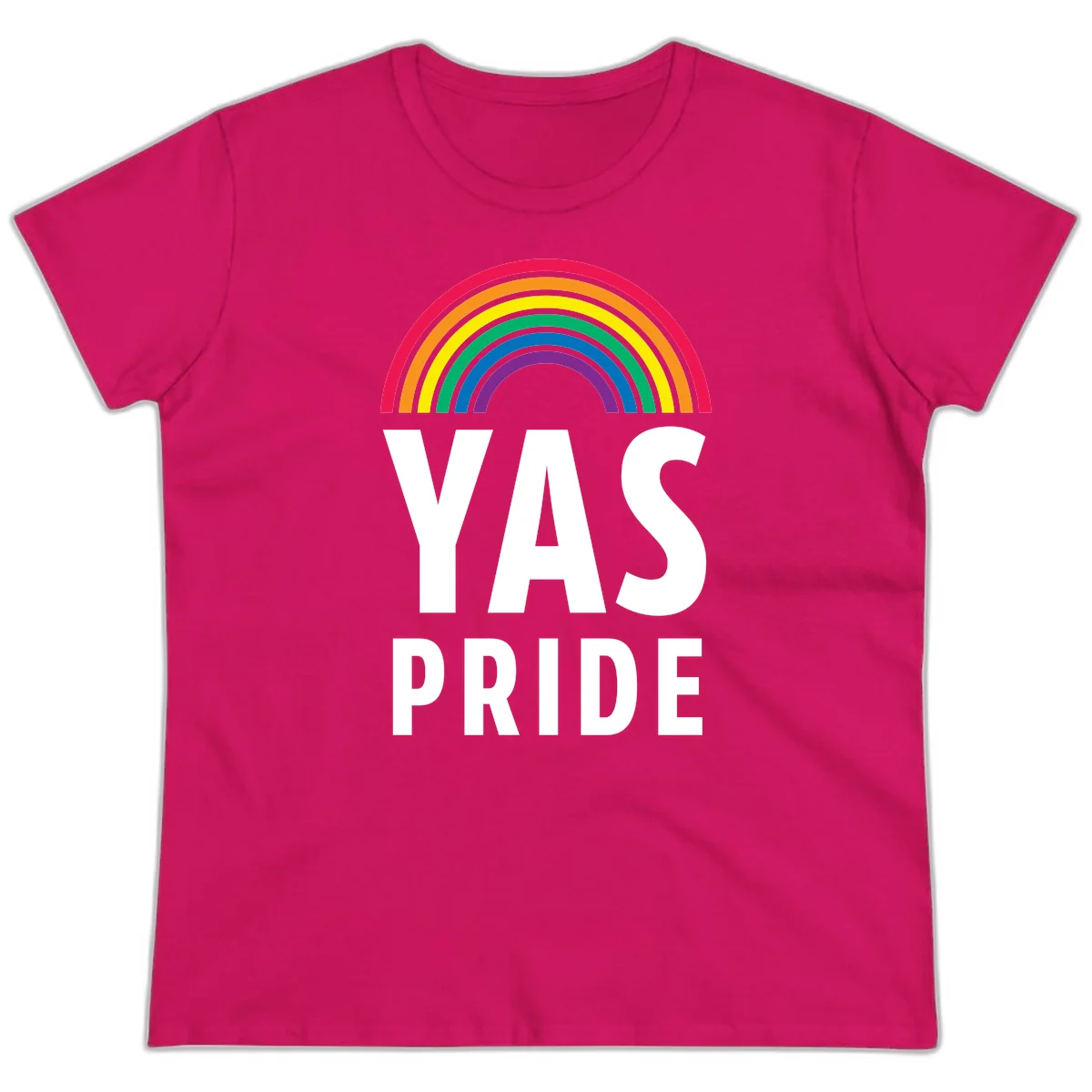 Yas pride rainbow design featuring colorful concentric rainbow arc above bold white text reading 'YAS PRIDE' on gray background in Heliconia