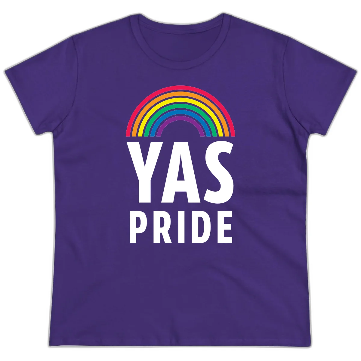Yas pride rainbow design featuring colorful concentric rainbow arc above bold white text reading 'YAS PRIDE' on gray background in Purple