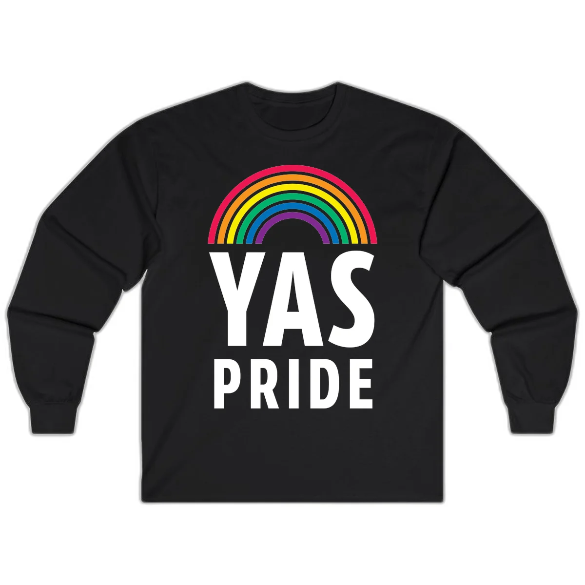 Yas pride rainbow design featuring colorful concentric rainbow arc above bold white text reading 'YAS PRIDE' on gray background in Black