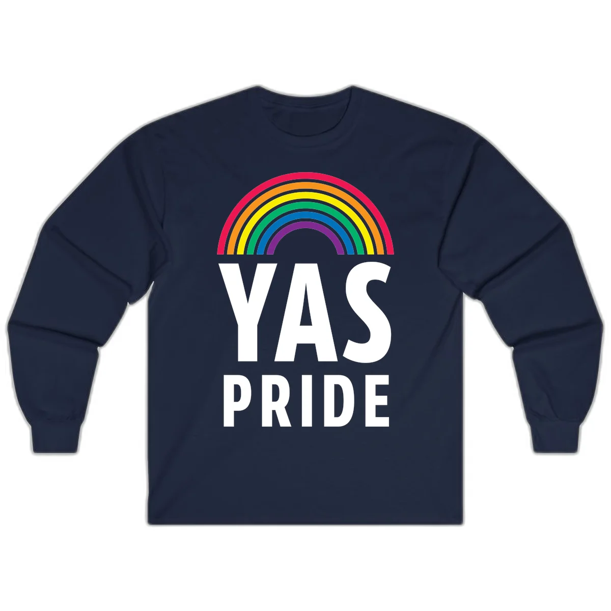 Yas pride rainbow design featuring colorful concentric rainbow arc above bold white text reading 'YAS PRIDE' on gray background in Navy