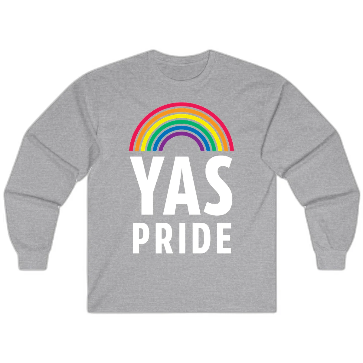 Yas pride rainbow design featuring colorful concentric rainbow arc above bold white text reading 'YAS PRIDE' on gray background in Sport Grey