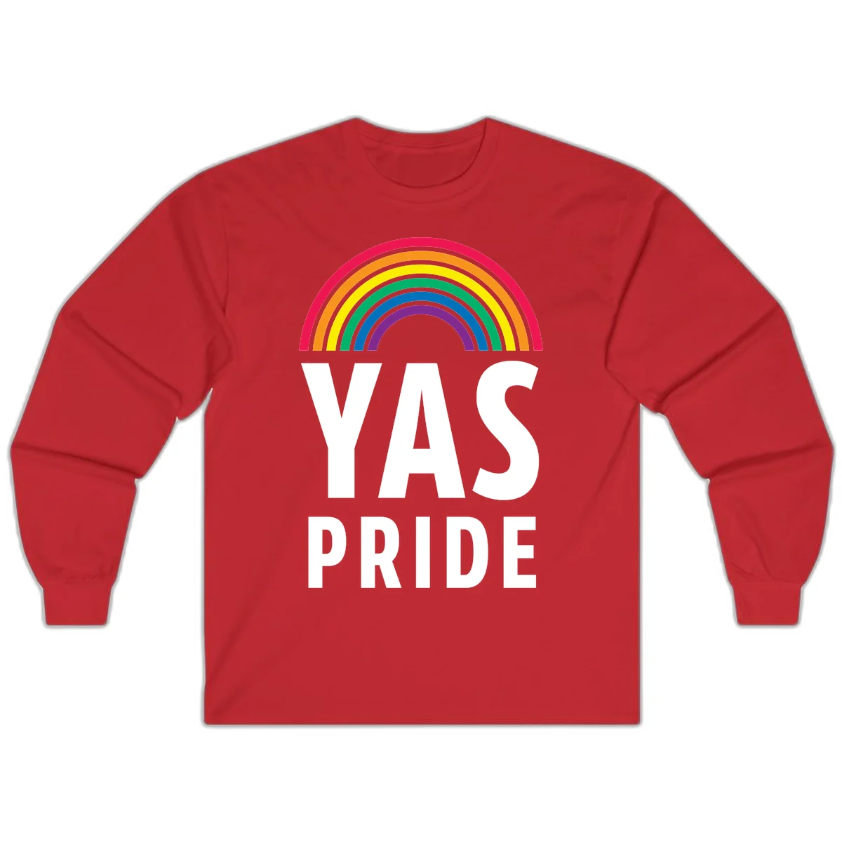 Yas pride rainbow design featuring colorful concentric rainbow arc above bold white text reading 'YAS PRIDE' on gray background in Red
