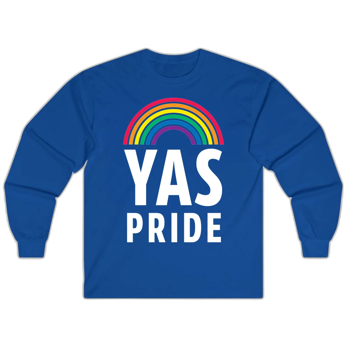 Yas pride rainbow design featuring colorful concentric rainbow arc above bold white text reading 'YAS PRIDE' on gray background in Royal