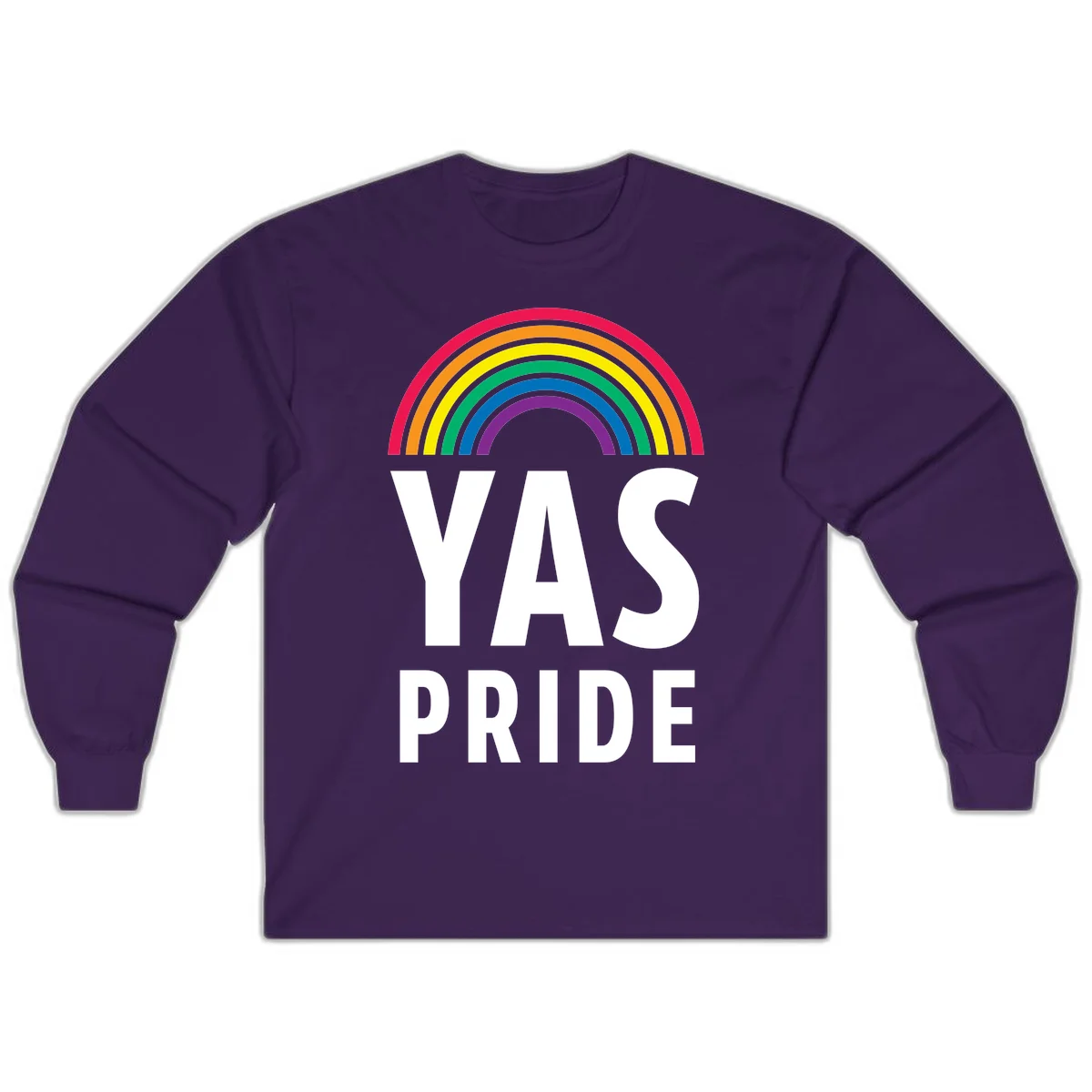 Yas pride rainbow design featuring colorful concentric rainbow arc above bold white text reading 'YAS PRIDE' on gray background in Purple