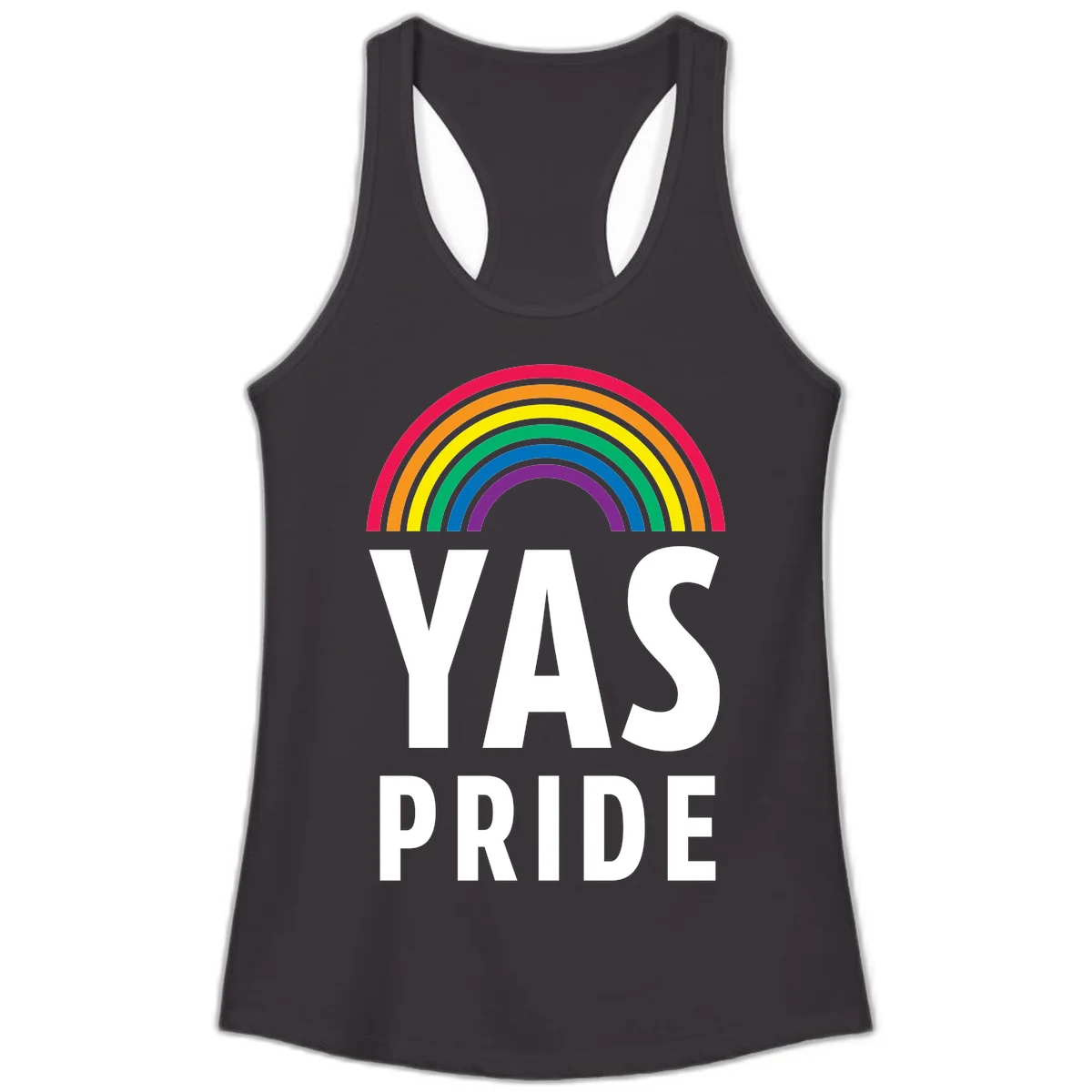 Yas pride rainbow design featuring colorful concentric rainbow arc above bold white text reading 'YAS PRIDE' on gray background in Black