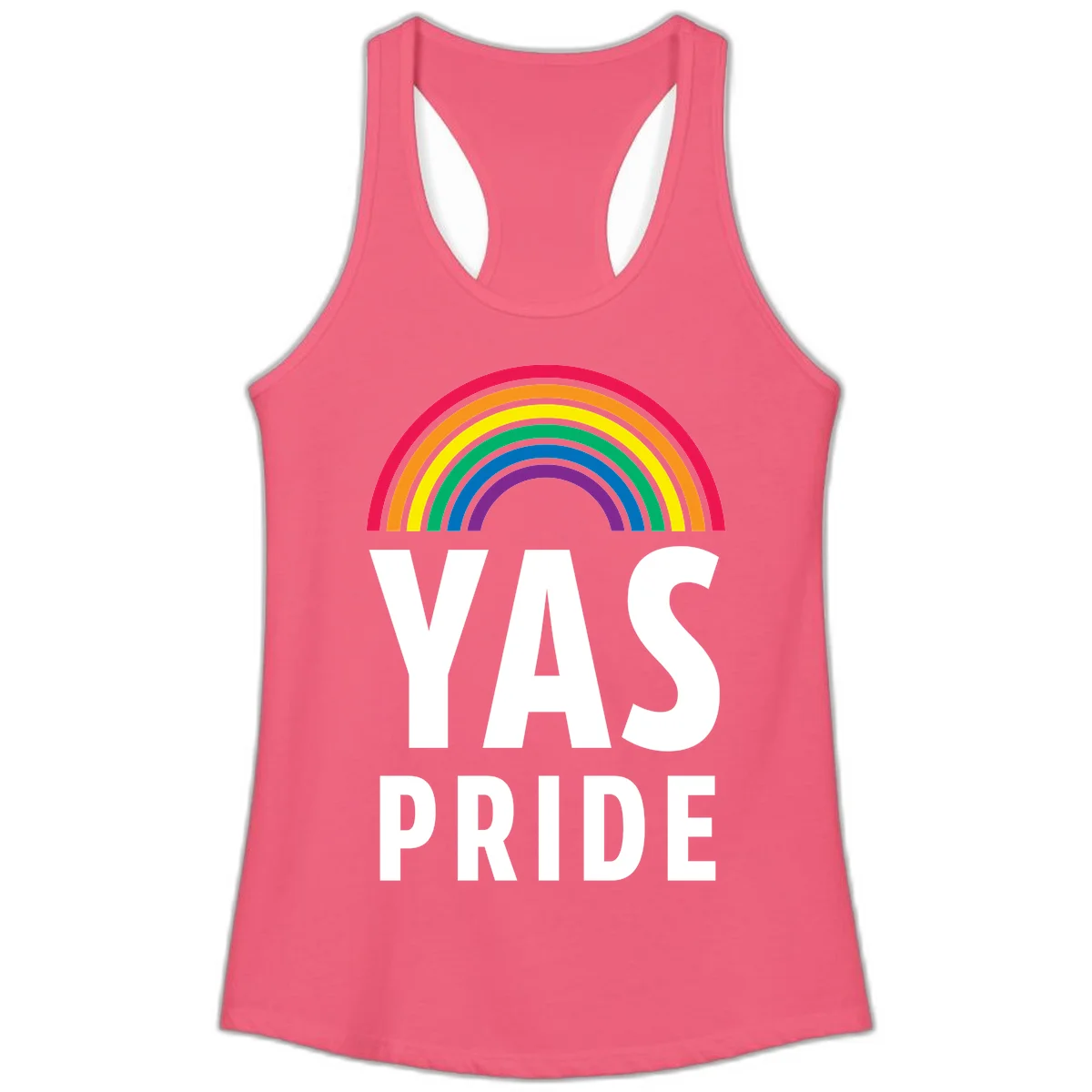 Yas pride rainbow design featuring colorful concentric rainbow arc above bold white text reading 'YAS PRIDE' on gray background in Hot Pink